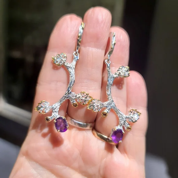 Amethyst & Sapphire floral sterling & gold dramatic earrings - Picture 1 of 6